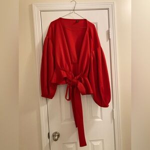 Red Long Sleeve Tie Front Blouse SHEIN Size L